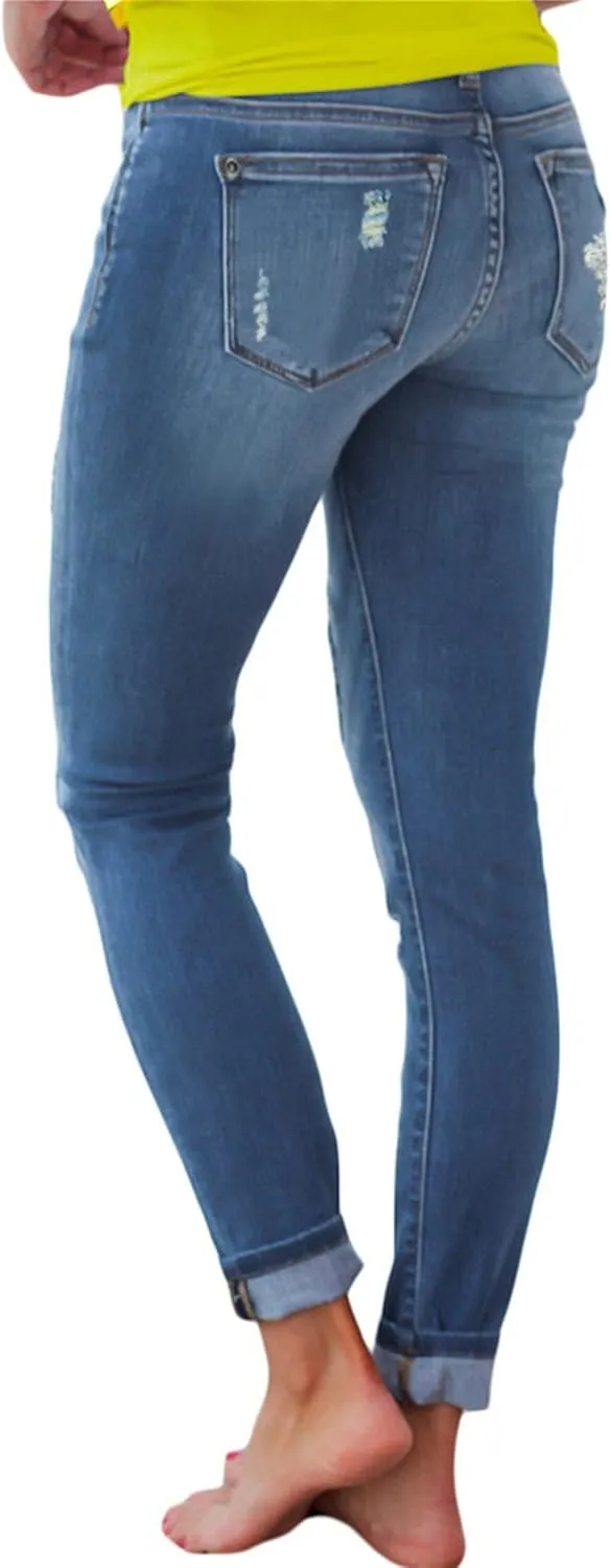Andongnywell Ripped Skinny Jeans Women Leopard Stretch Butt Lifting Distressed Denim Pants Slim Fit Trousers with Pockets