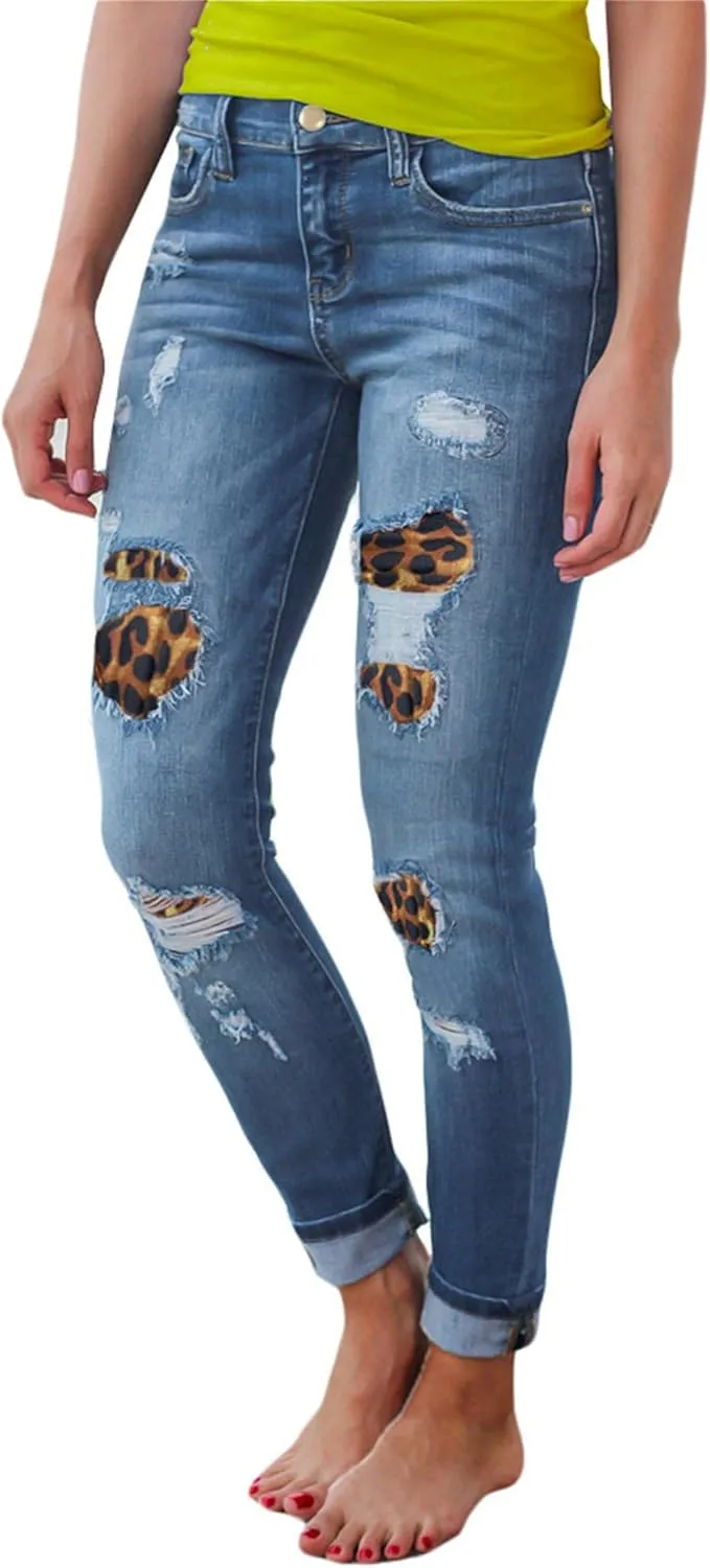 Andongnywell Ripped Skinny Jeans Women Leopard Stretch Butt Lifting Distressed Denim Pants Slim Fit Trousers with Pockets