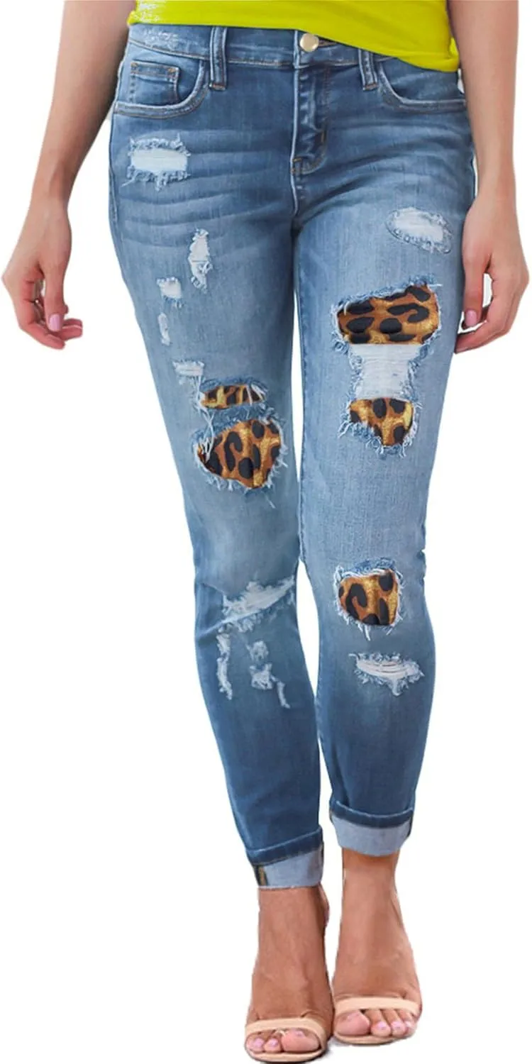 Andongnywell Ripped Skinny Jeans Women Leopard Stretch Butt Lifting Distressed Denim Pants Slim Fit Trousers with Pockets