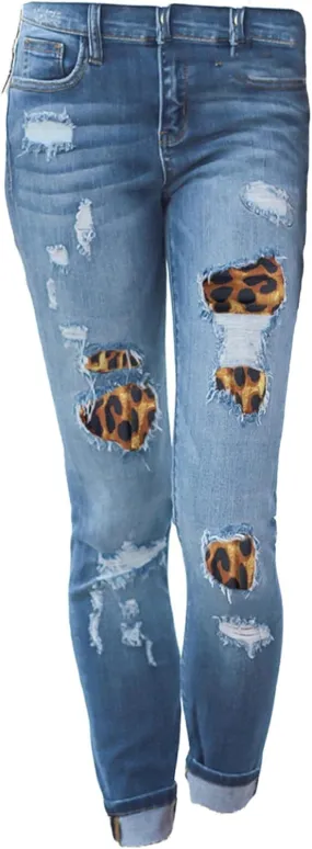 Andongnywell Ripped Skinny Jeans Women Leopard Stretch Butt Lifting Distressed Denim Pants Slim Fit Trousers with Pockets
