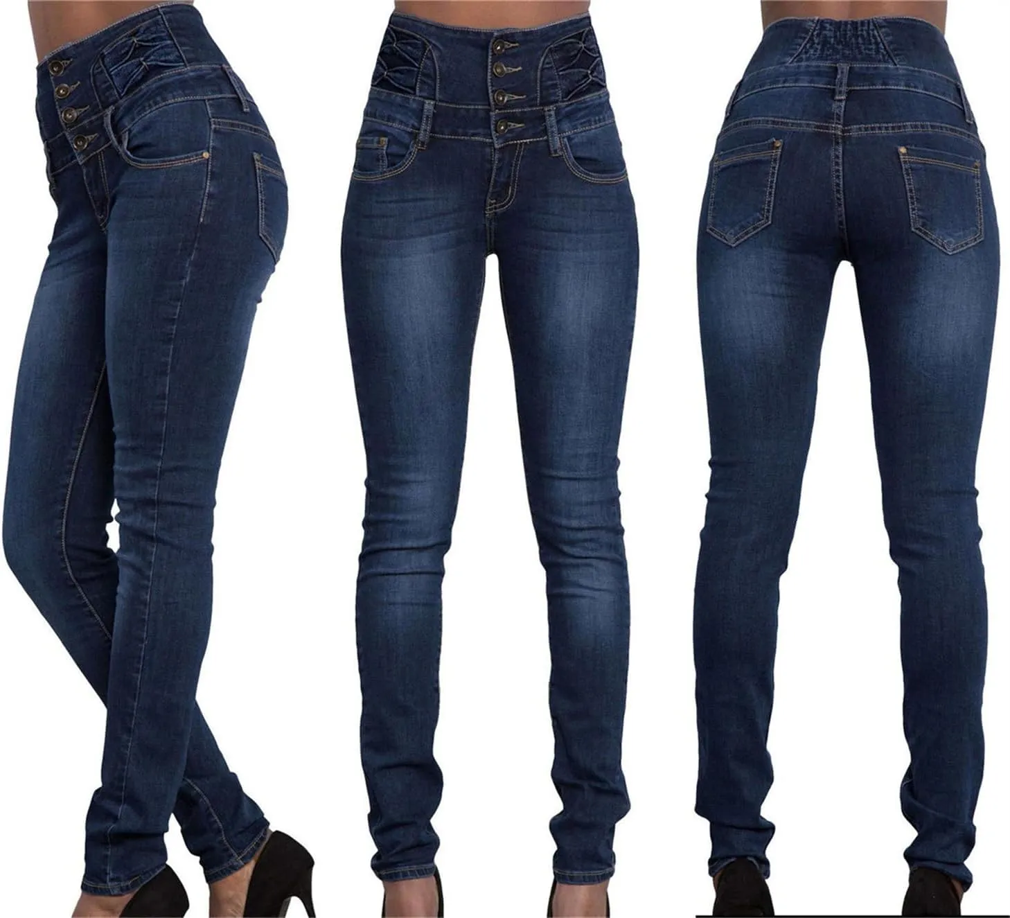 Andongnywell Women Stretch Skinny Jeans Butt Lifting Slim Fit Pockets Denim Pants High Rise Multiple Buttons Trouser