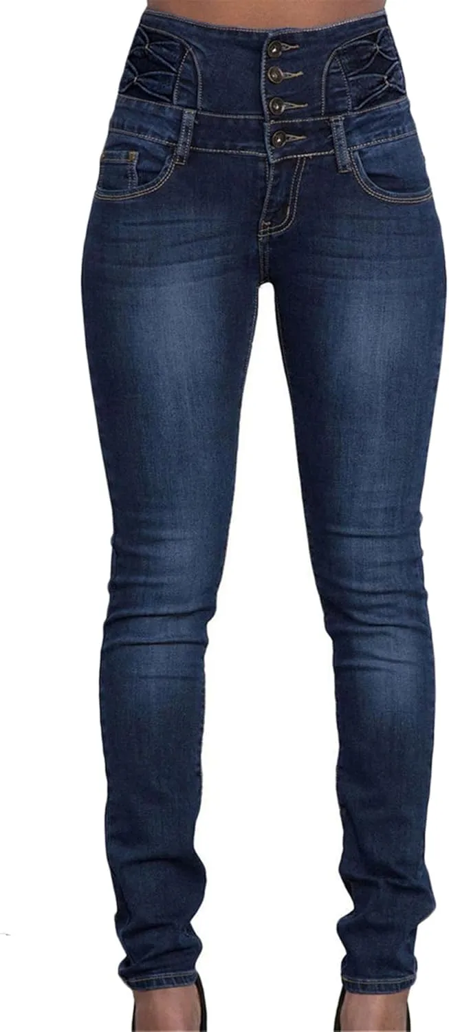 Andongnywell Women Stretch Skinny Jeans Butt Lifting Slim Fit Pockets Denim Pants High Rise Multiple Buttons Trouser