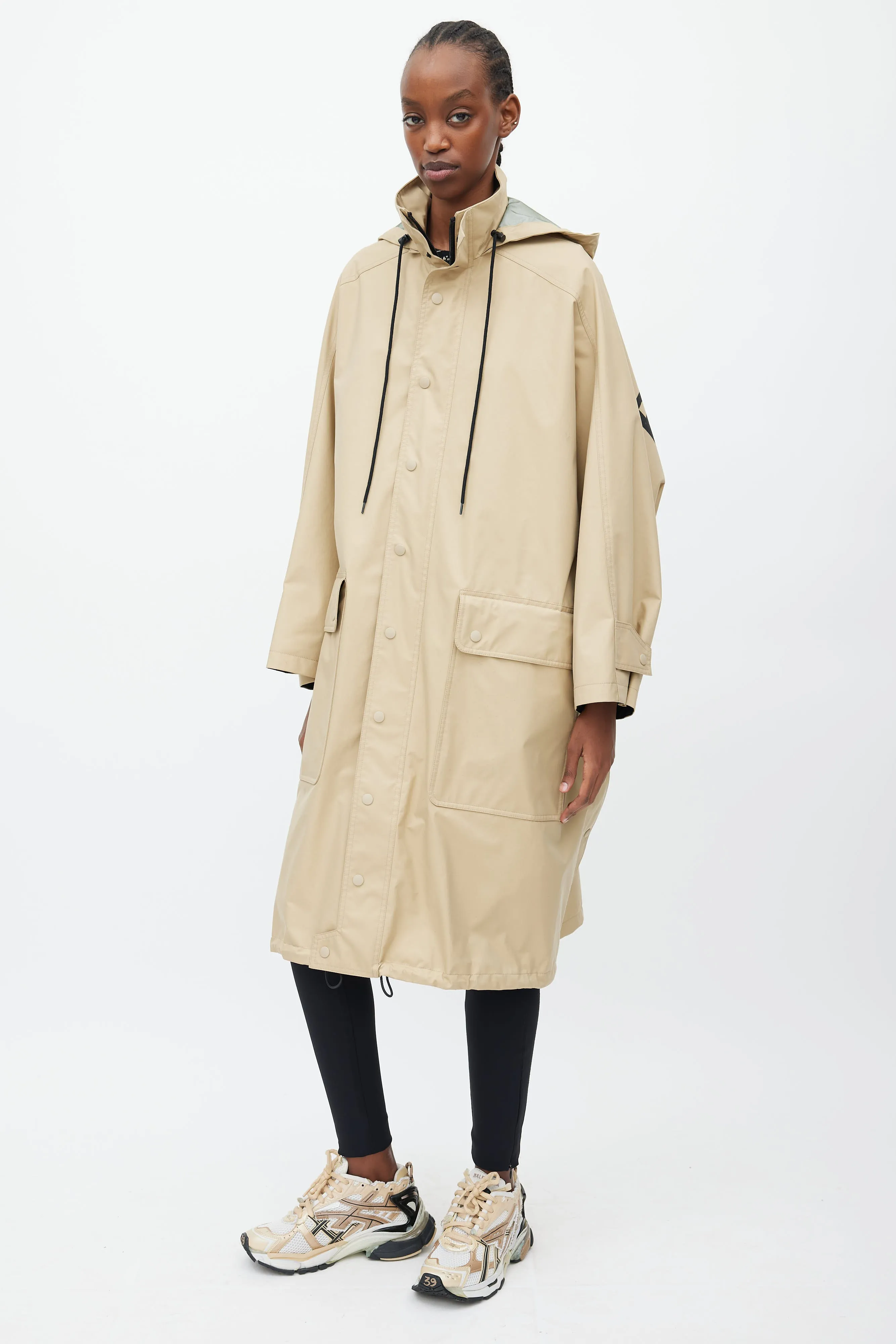 Beige & Black Hooded Logo Coat