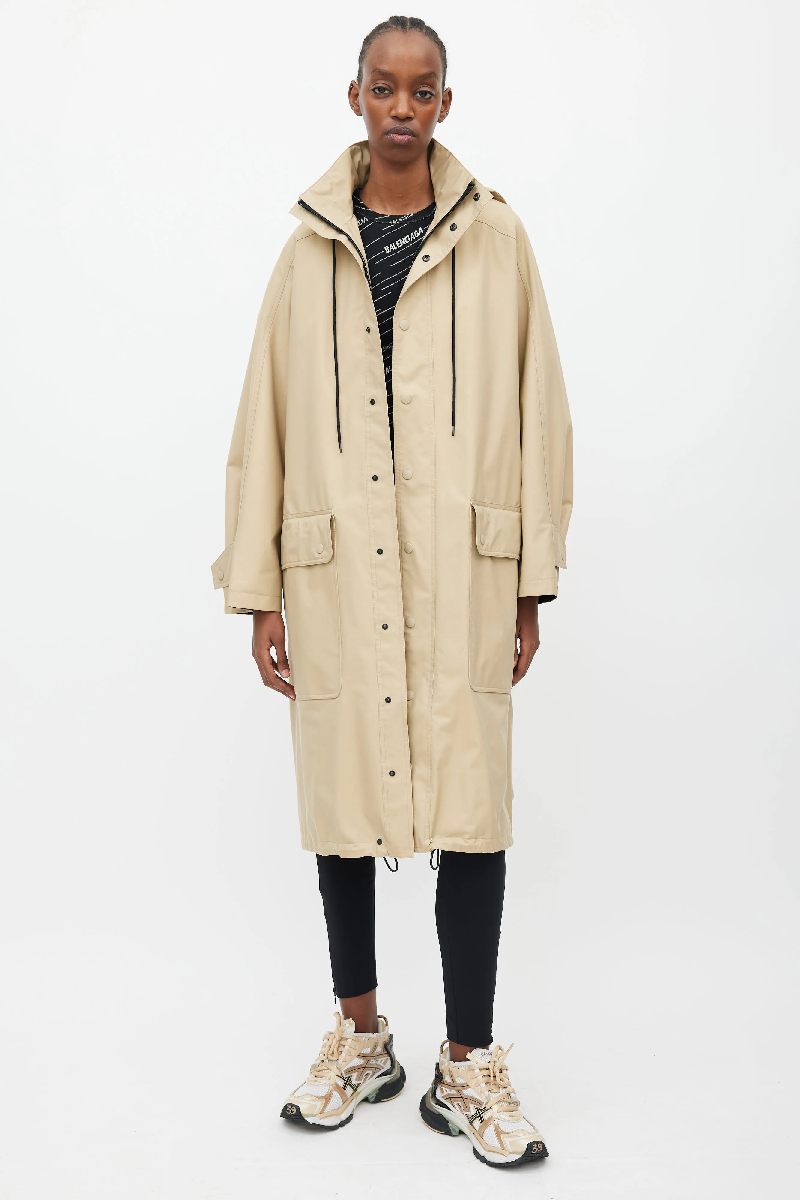 Beige & Black Hooded Logo Coat