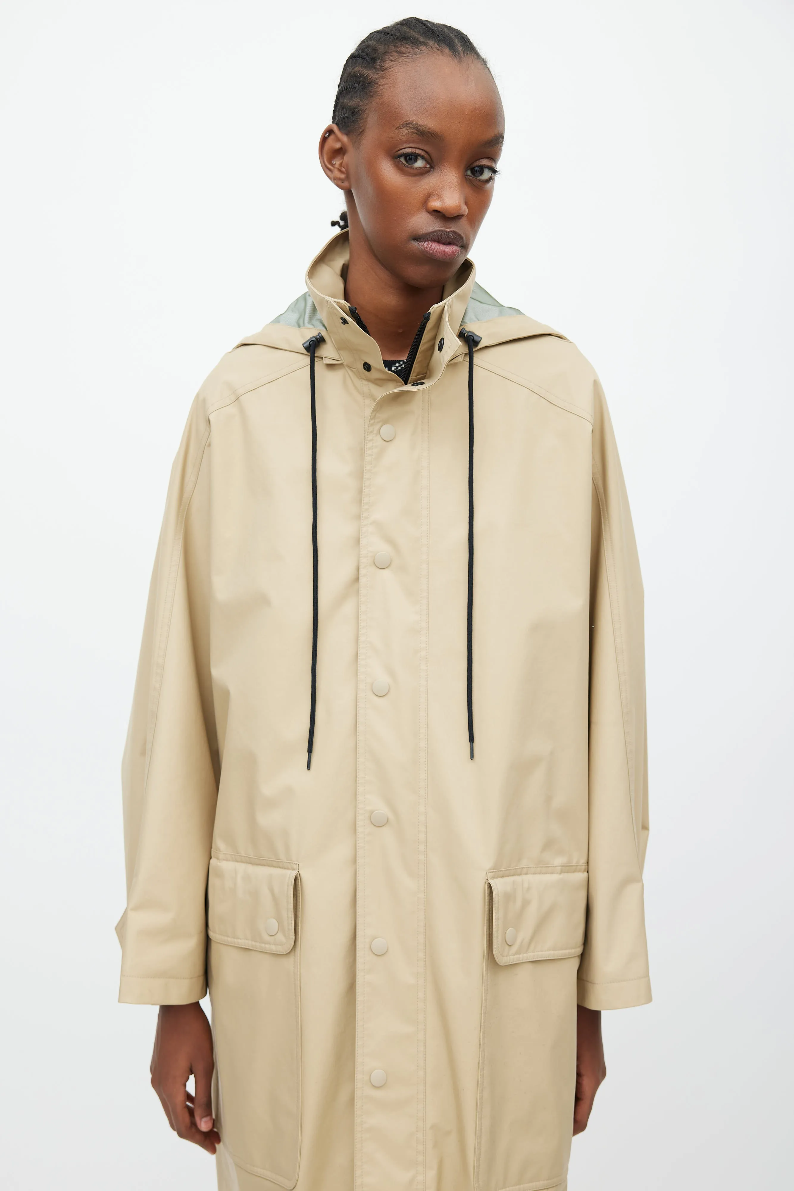 Beige & Black Hooded Logo Coat