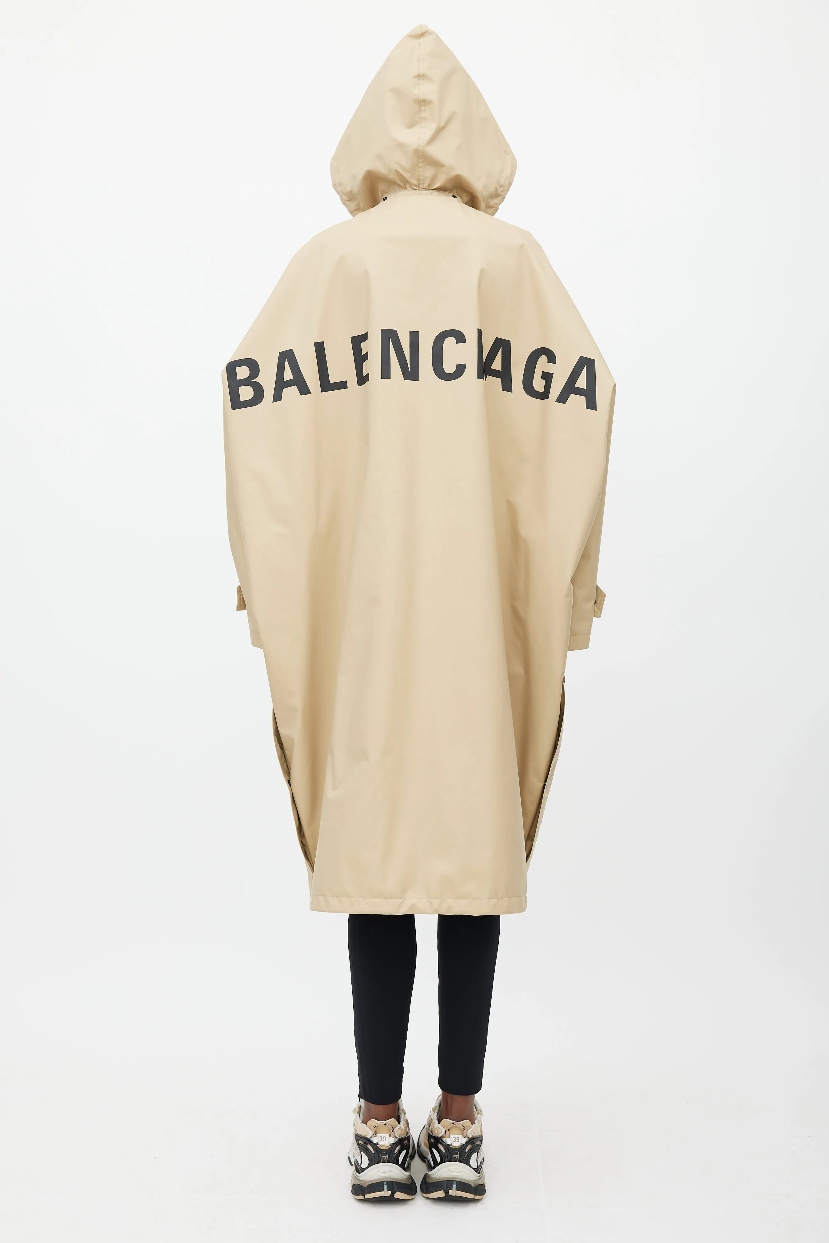 Beige & Black Hooded Logo Coat