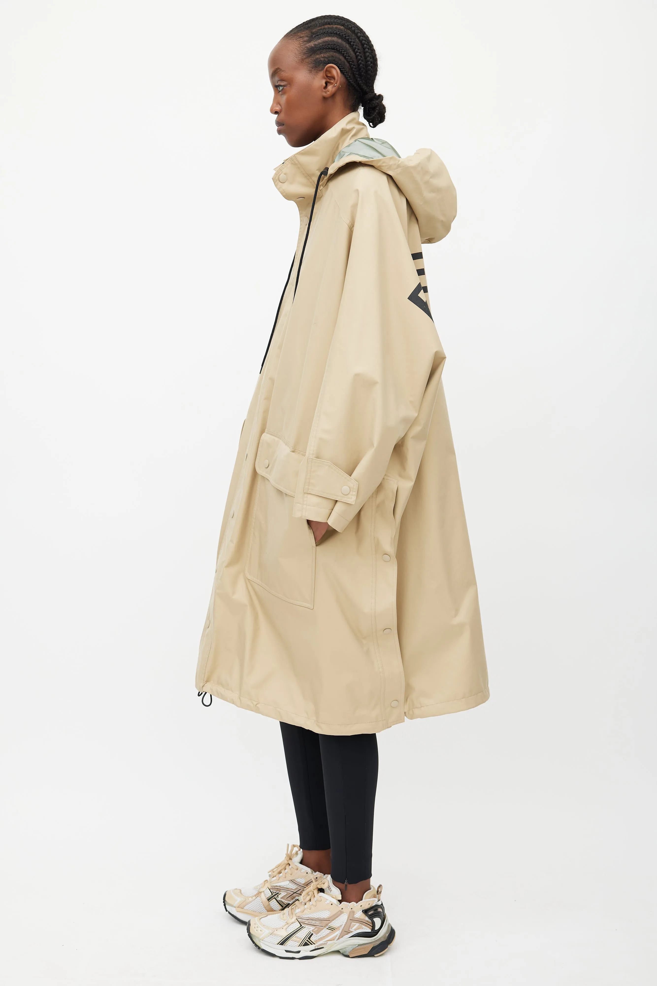 Beige & Black Hooded Logo Coat