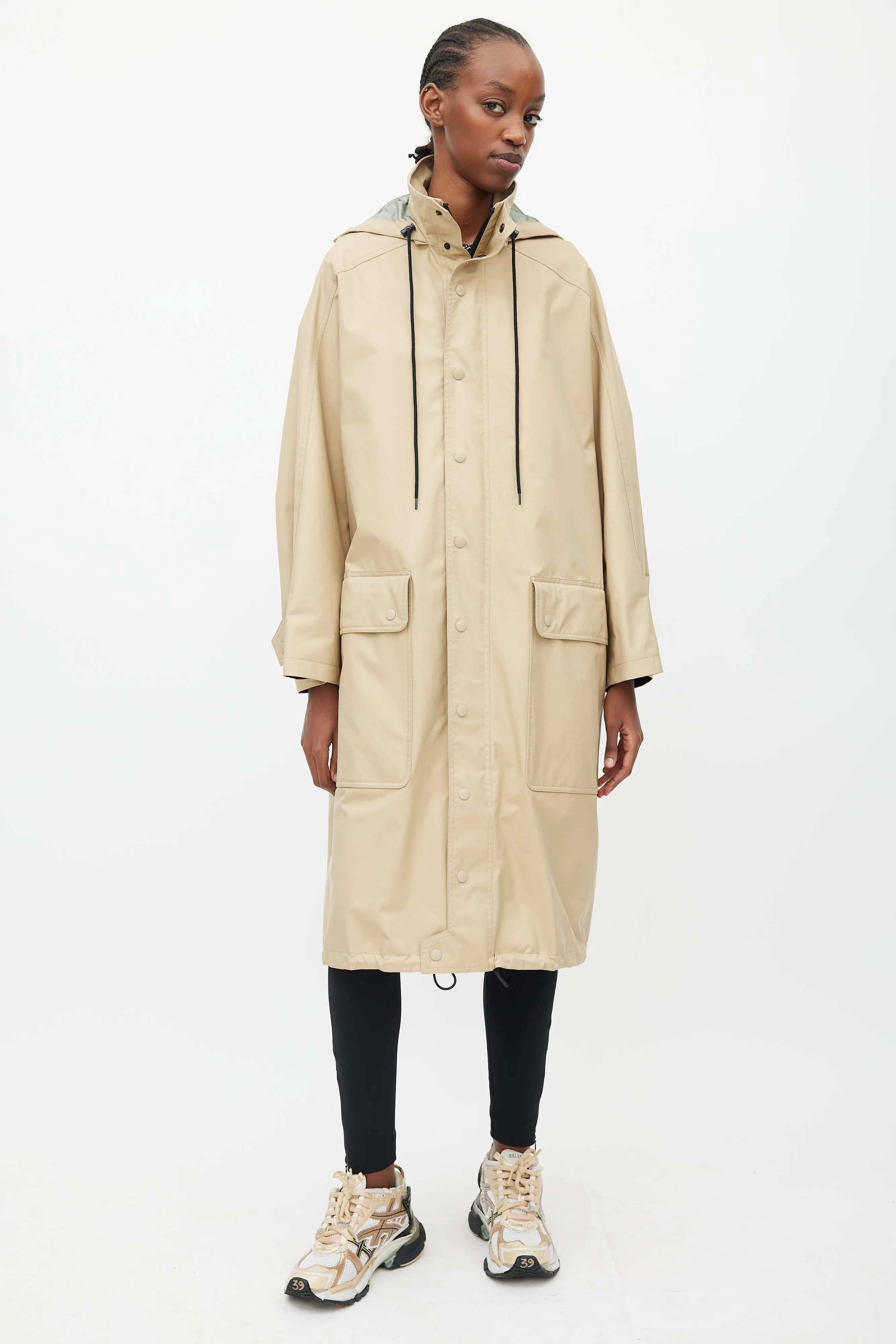 Beige & Black Hooded Logo Coat