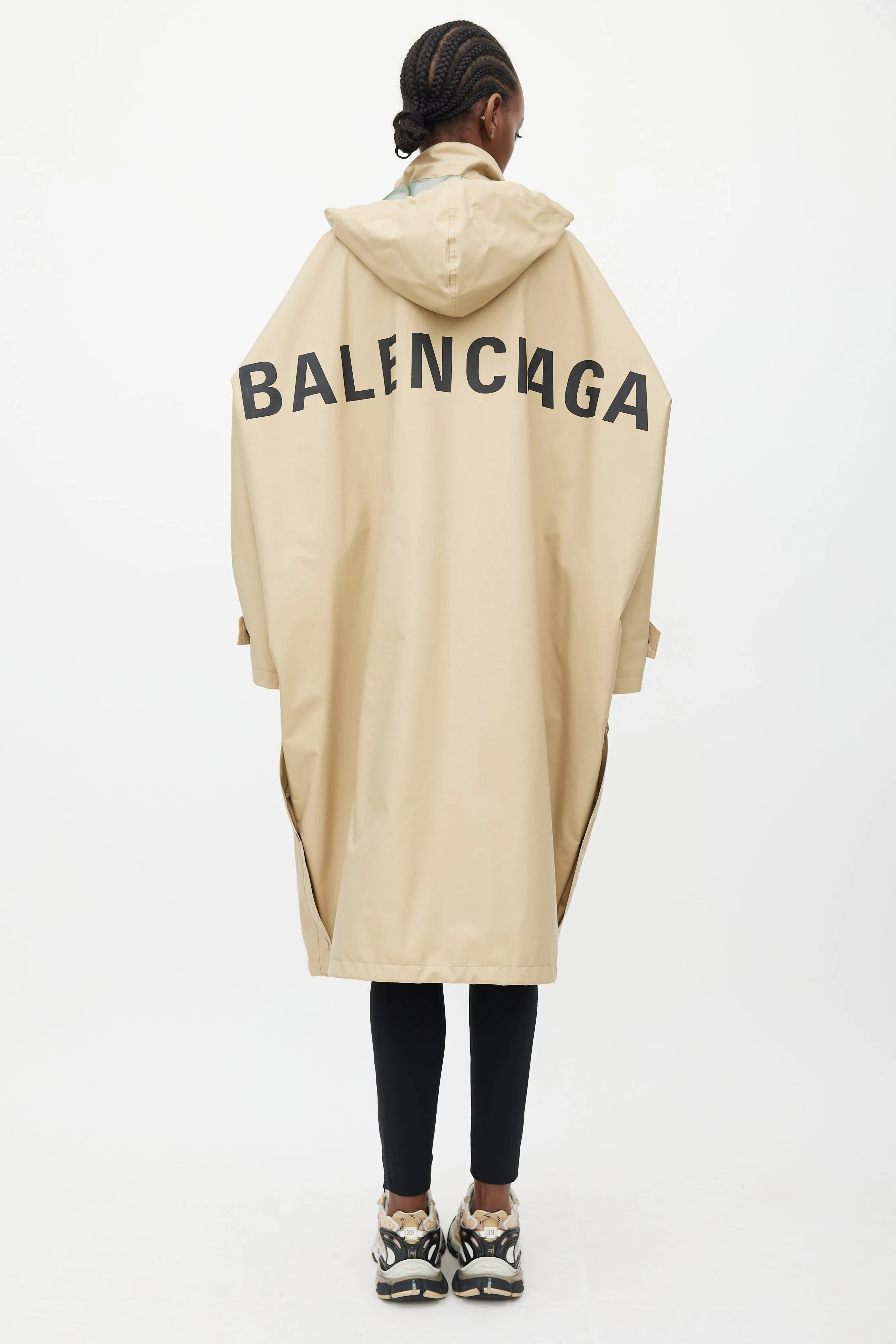 Beige & Black Hooded Logo Coat