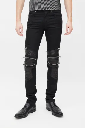 Black Denim & Leather Slim Biker Pant
