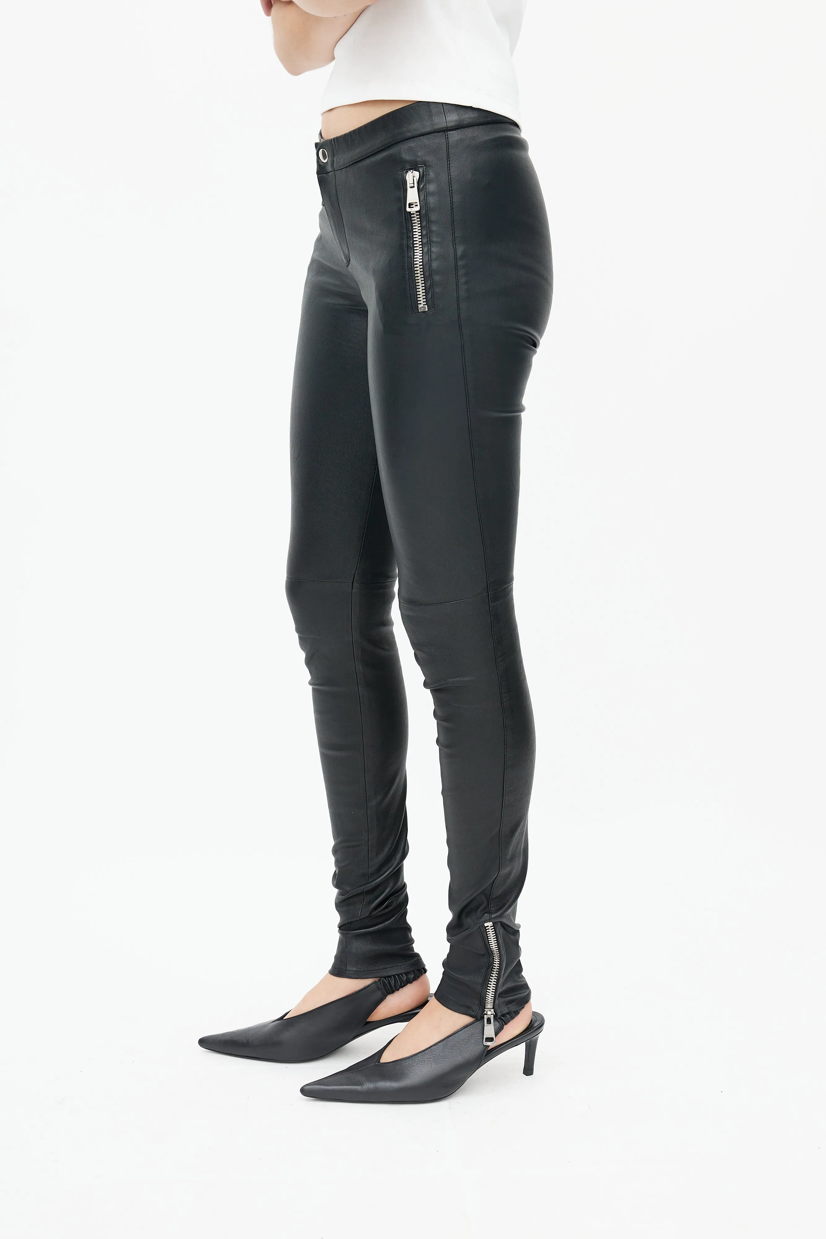 Black Leather Exposed Zipper Pant