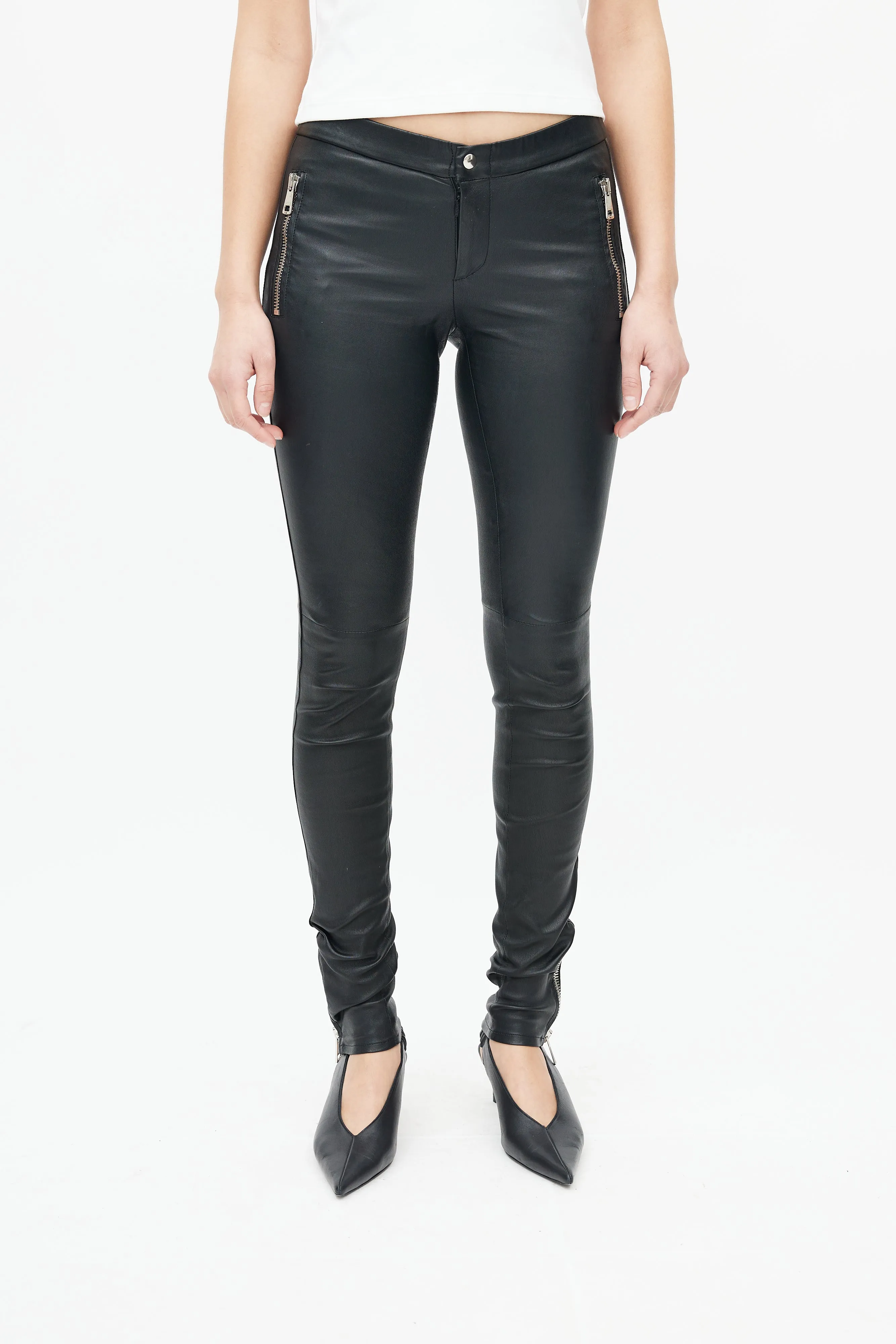 Black Leather Exposed Zipper Pant