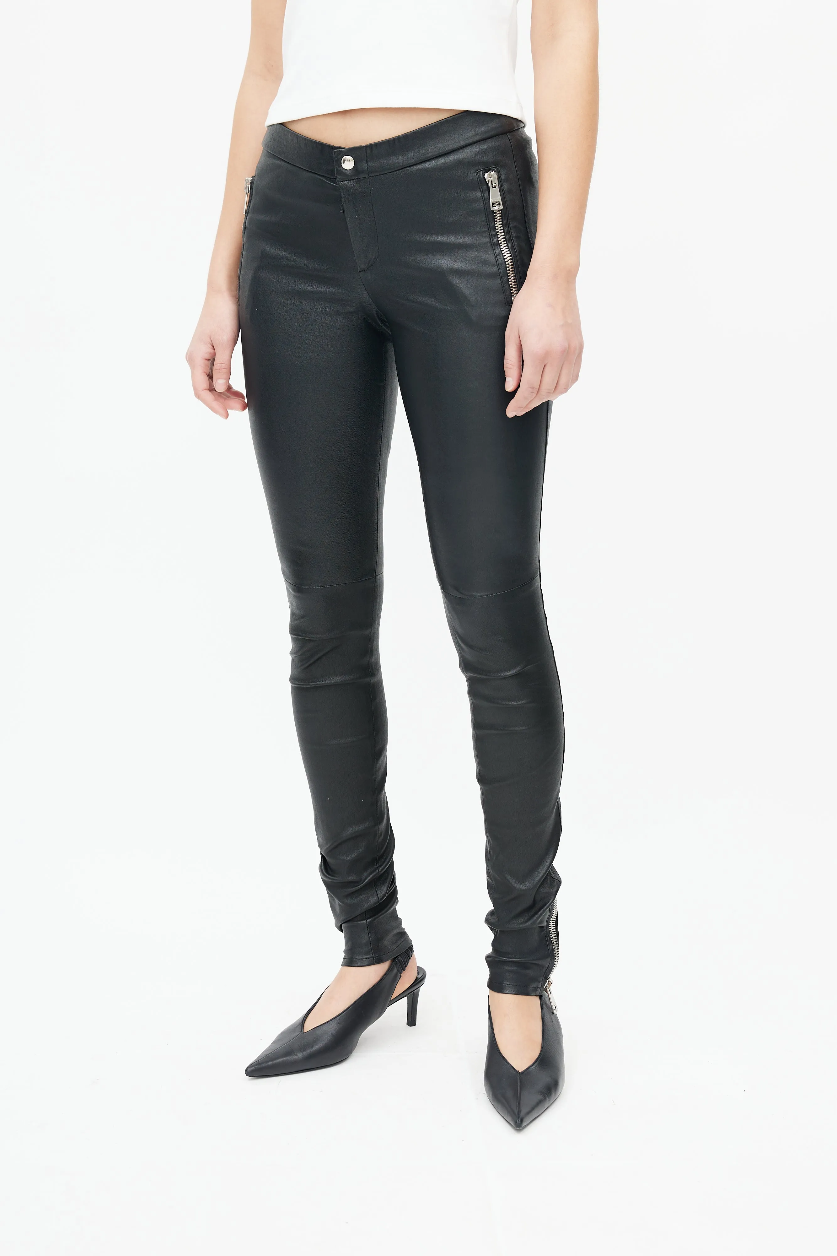 Black Leather Exposed Zipper Pant