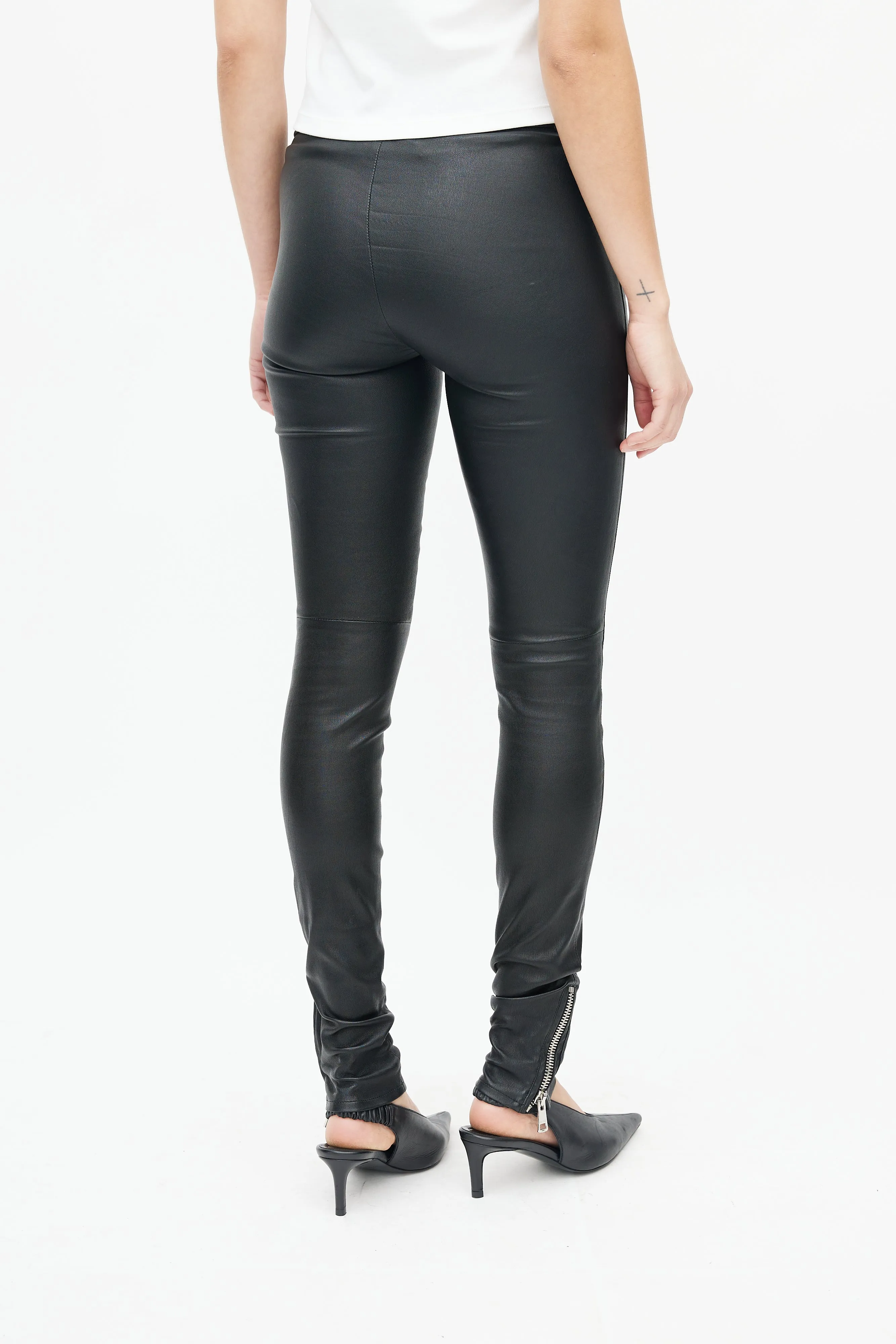 Black Leather Exposed Zipper Pant