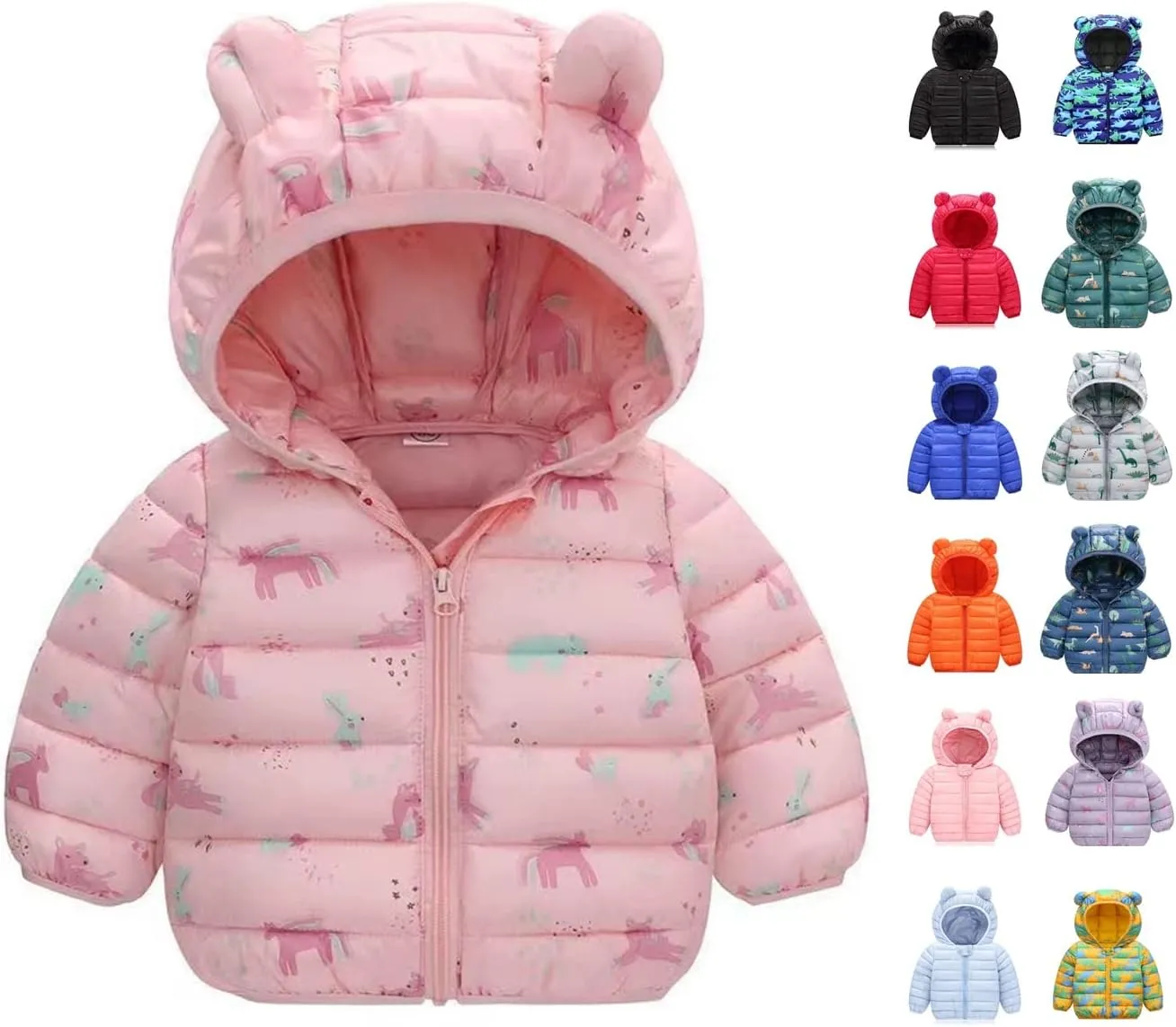 Boys Girls Down Puffer Jacket Cute Lightweight Long Sleeve Winter Coats Kids Casual Fall Warm Hooded Zipper Outwear