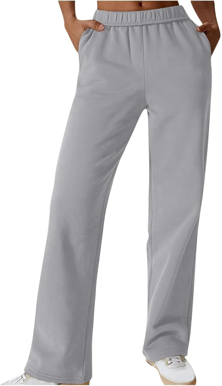 Comfy Straight Leg Pants for Women High Waisted Solid Color Lounge Trousers Pants with Pockets Casual Sweatpants