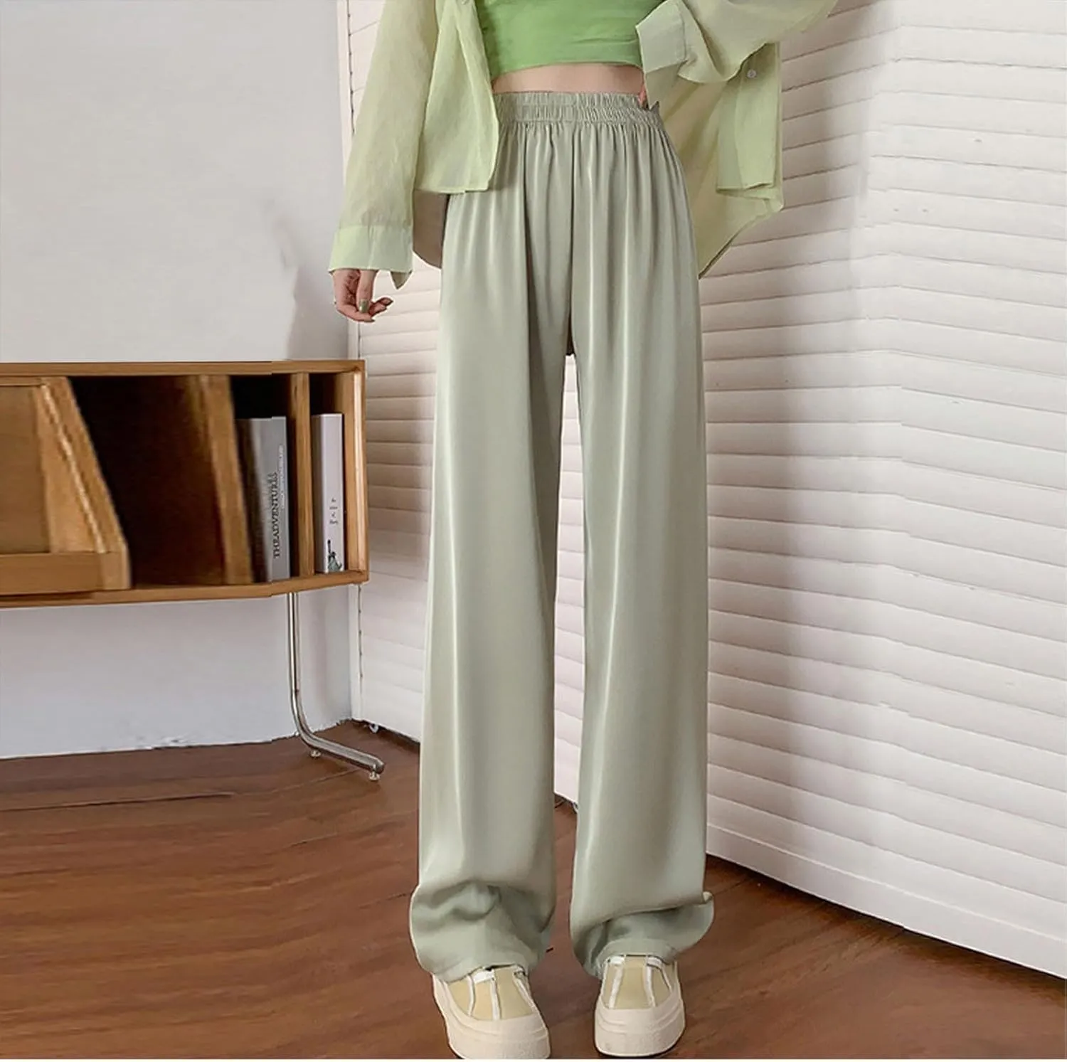 Comfy Trousers for Women Thin Summer Breathable Straight Leg Pants Stretch Elastic Waist Solid Color Casual Pants