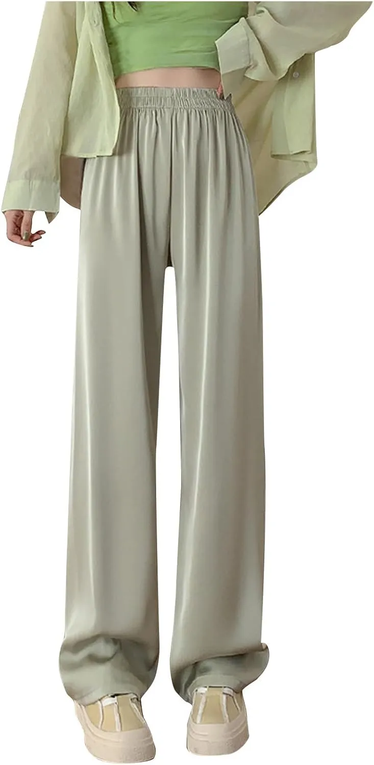 Comfy Trousers for Women Thin Summer Breathable Straight Leg Pants Stretch Elastic Waist Solid Color Casual Pants
