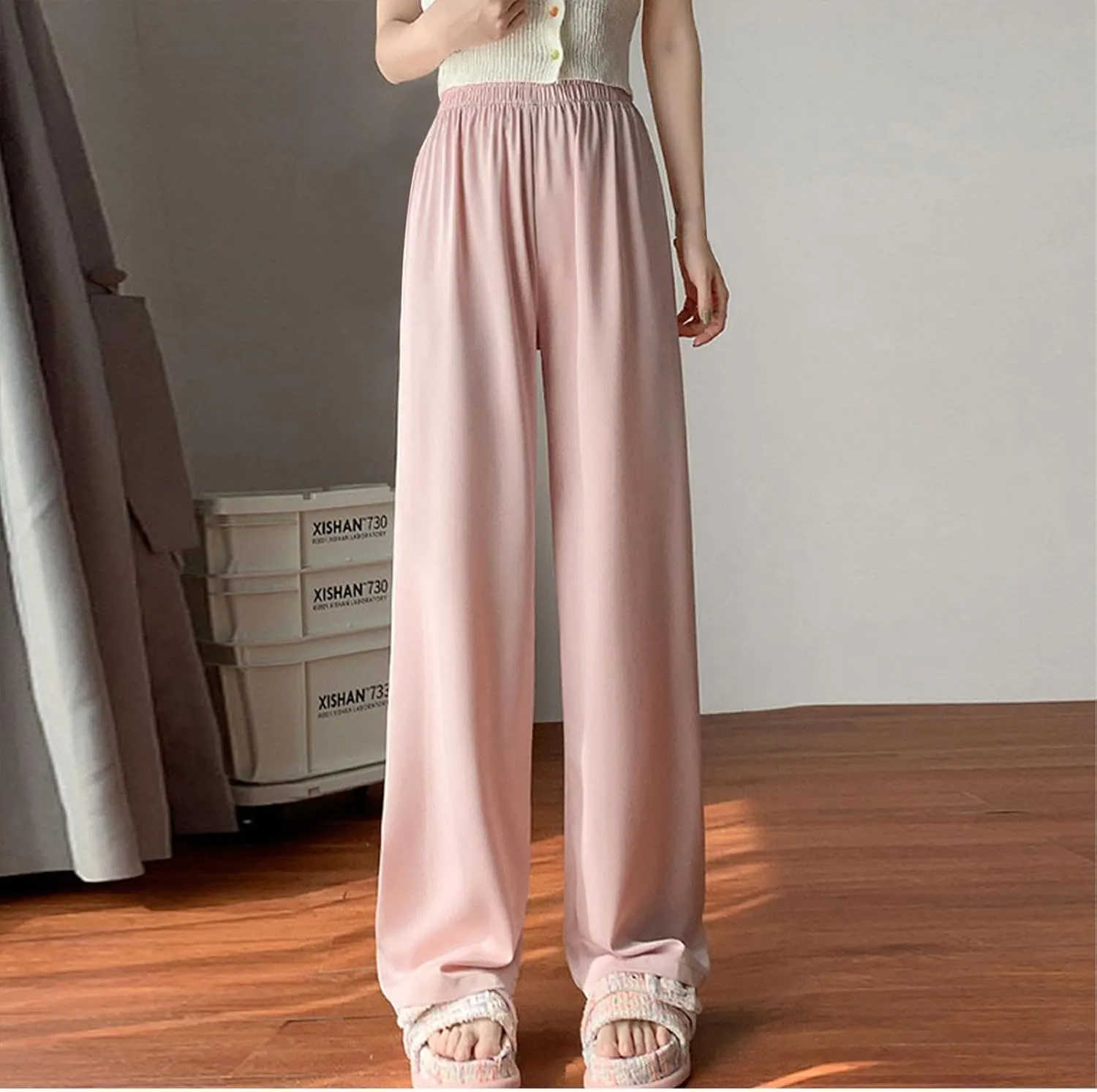 Comfy Trousers for Women Thin Summer Breathable Straight Leg Pants Stretch Elastic Waist Solid Color Casual Pants