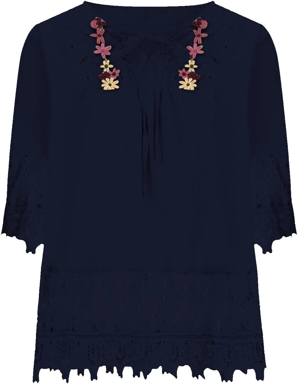 Cotton Linen Shirts for Women Lace Crochet Floral Embroidery Flowy Tops 3/4 Sleeve Blouse Loose Boho Peasant T-Shirt