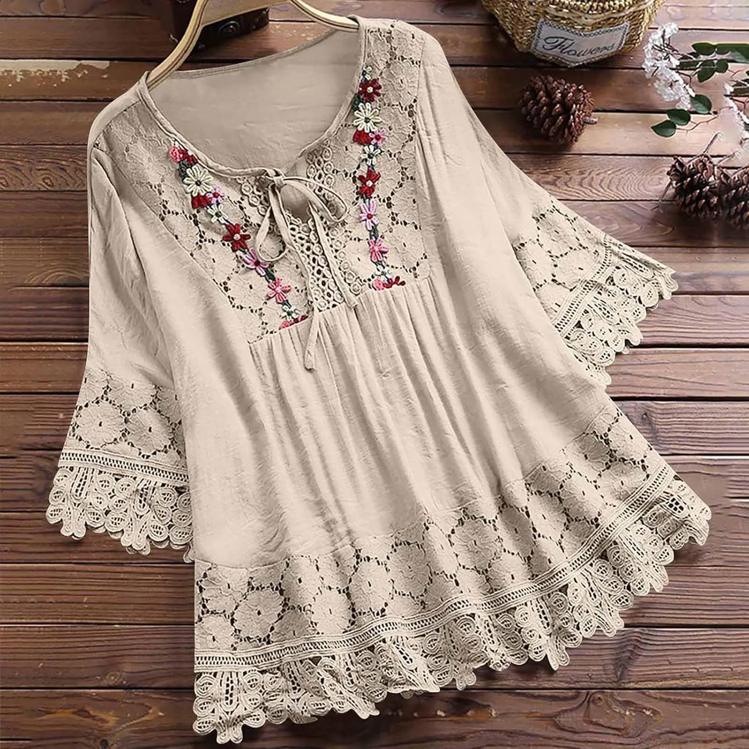Cotton Linen Shirts for Women Lace Crochet Floral Embroidery Flowy Tops 3/4 Sleeve Blouse Loose Boho Peasant T-Shirt