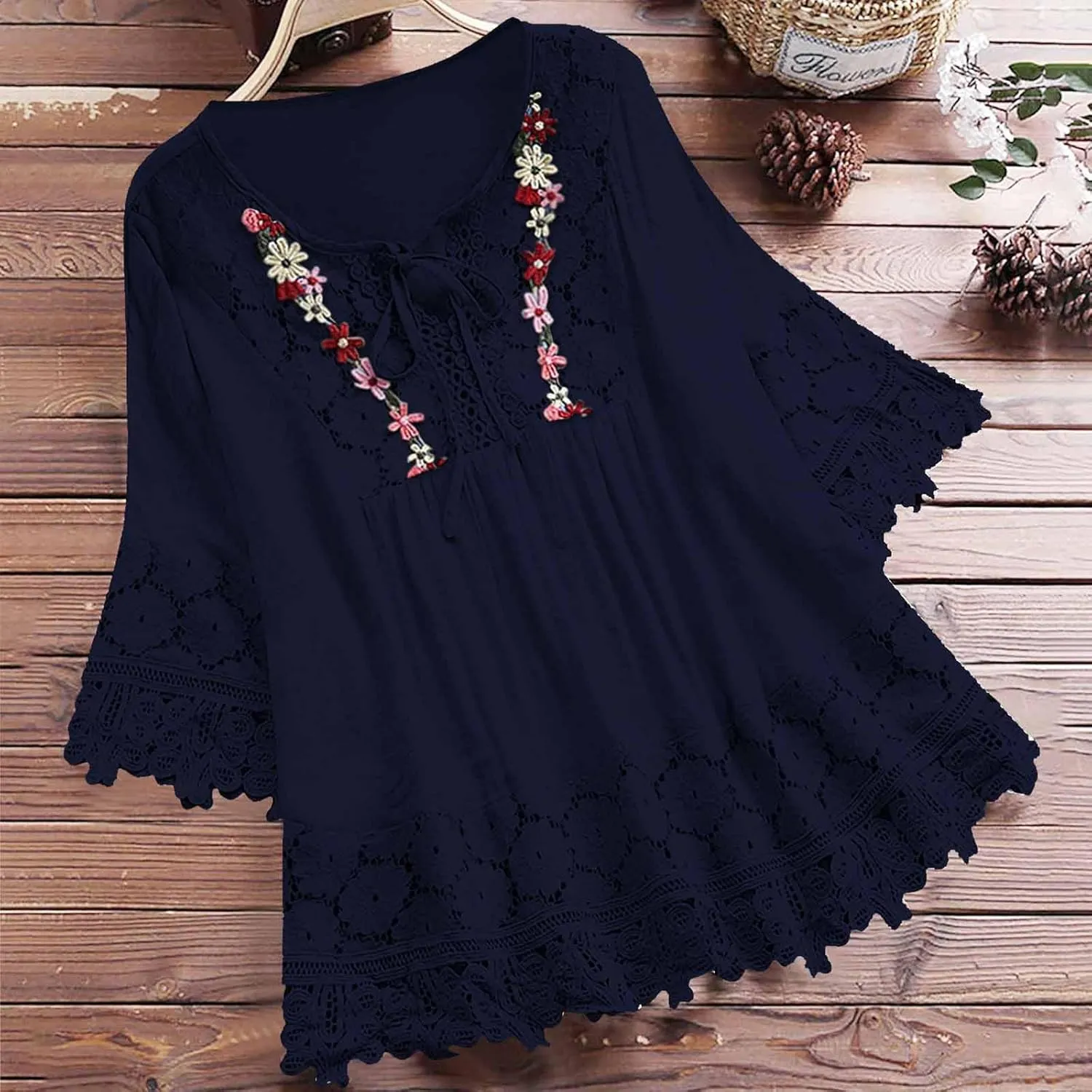 Cotton Linen Shirts for Women Lace Crochet Floral Embroidery Flowy Tops 3/4 Sleeve Blouse Loose Boho Peasant T-Shirt