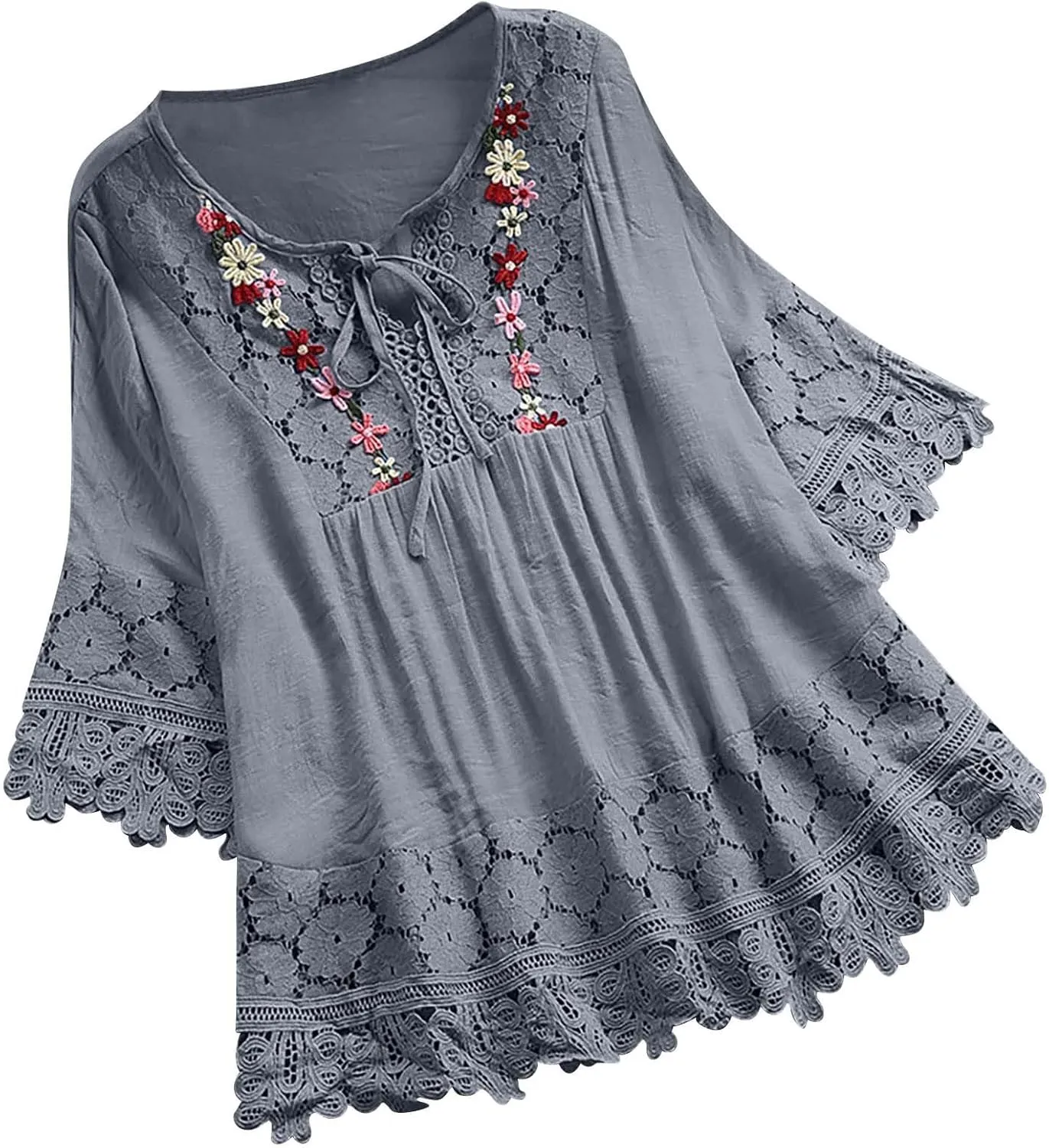 Cotton Linen Shirts for Women Lace Crochet Floral Embroidery Flowy Tops 3/4 Sleeve Blouse Loose Boho Peasant T-Shirt