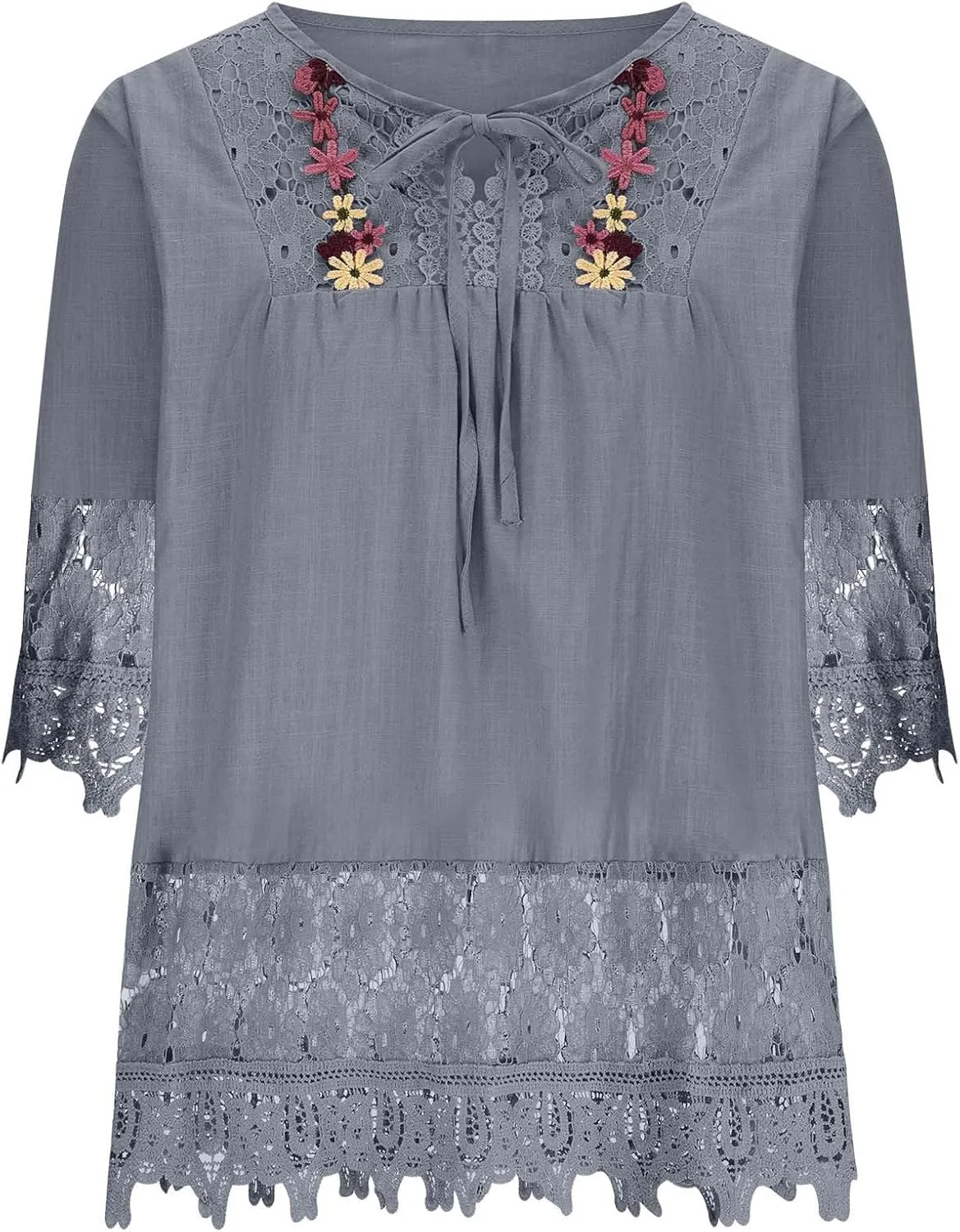Cotton Linen Shirts for Women Lace Crochet Floral Embroidery Flowy Tops 3/4 Sleeve Blouse Loose Boho Peasant T-Shirt