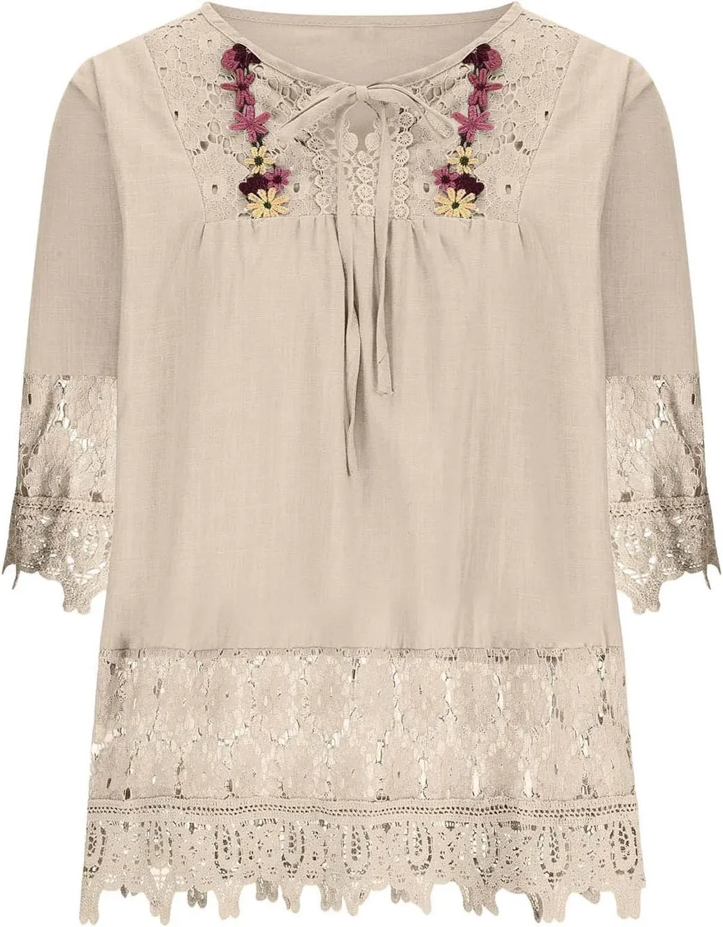 Cotton Linen Shirts for Women Lace Crochet Floral Embroidery Flowy Tops 3/4 Sleeve Blouse Loose Boho Peasant T-Shirt