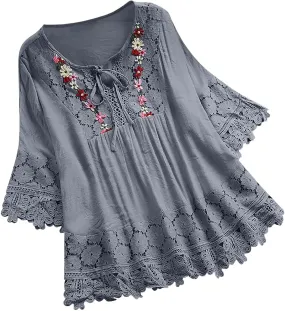 Cotton Linen Shirts for Women Lace Crochet Floral Embroidery Flowy Tops 3/4 Sleeve Blouse Loose Boho Peasant T-Shirt