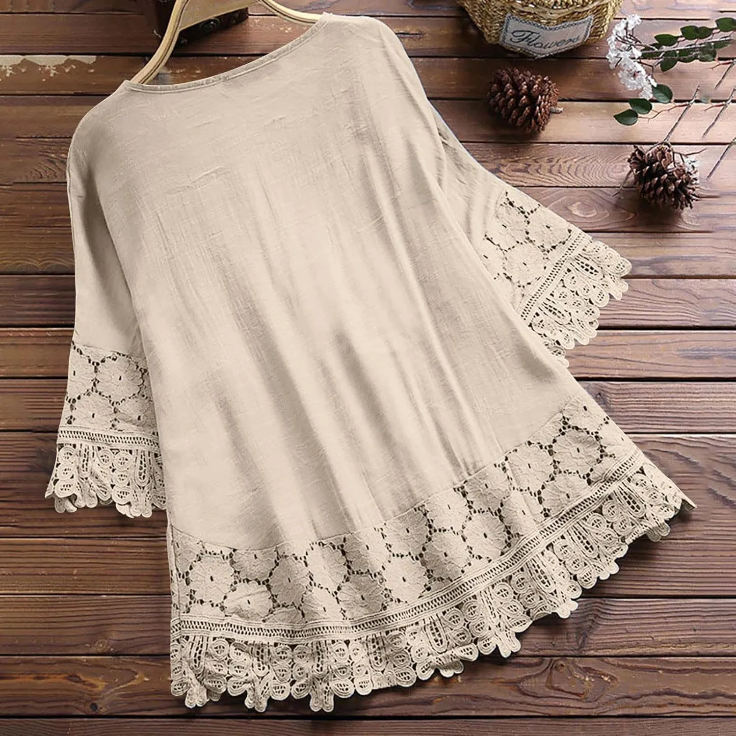 Cotton Linen Shirts for Women Lace Crochet Floral Embroidery Flowy Tops 3/4 Sleeve Blouse Loose Boho Peasant T-Shirt