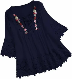Cotton Linen Shirts for Women Lace Crochet Floral Embroidery Flowy Tops 3/4 Sleeve Blouse Loose Boho Peasant T-Shirt