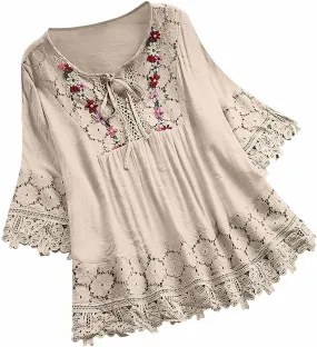 Cotton Linen Shirts for Women Lace Crochet Floral Embroidery Flowy Tops 3/4 Sleeve Blouse Loose Boho Peasant T-Shirt