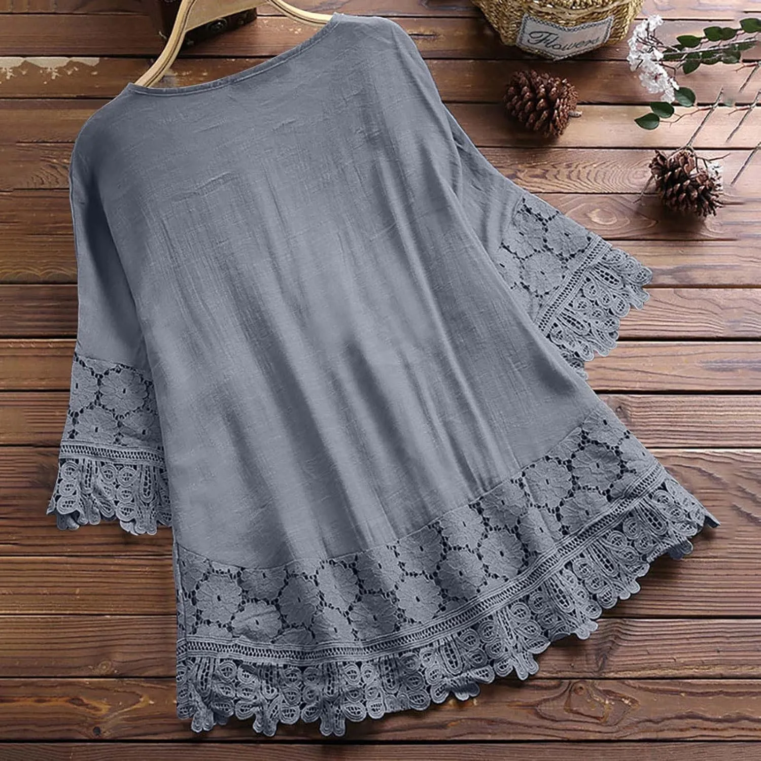 Cotton Linen Shirts for Women Lace Crochet Floral Embroidery Flowy Tops 3/4 Sleeve Blouse Loose Boho Peasant T-Shirt