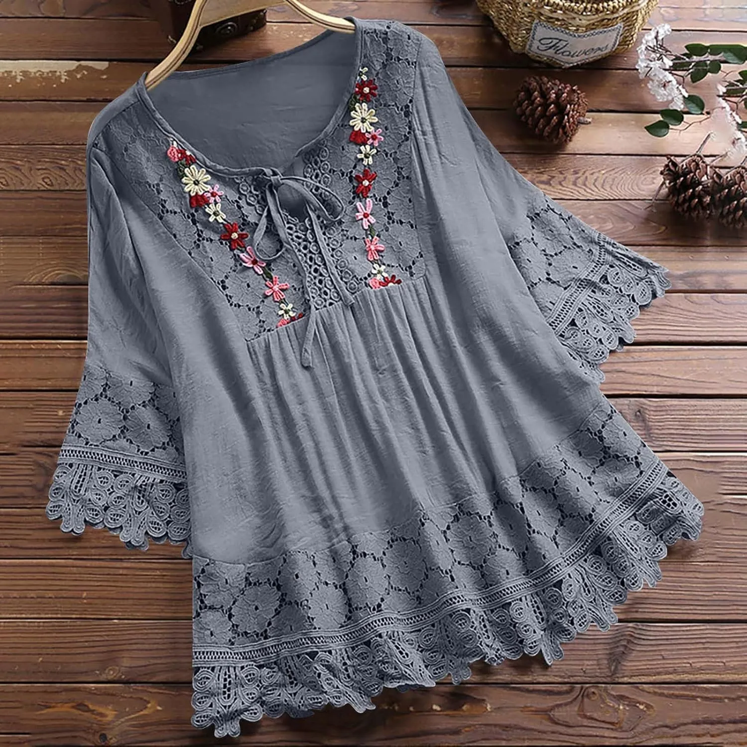 Cotton Linen Shirts for Women Lace Crochet Floral Embroidery Flowy Tops 3/4 Sleeve Blouse Loose Boho Peasant T-Shirt