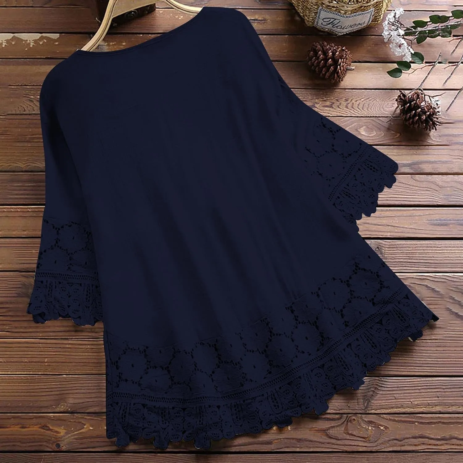 Cotton Linen Shirts for Women Lace Crochet Floral Embroidery Flowy Tops 3/4 Sleeve Blouse Loose Boho Peasant T-Shirt
