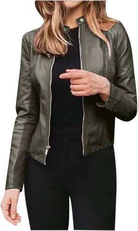 Faux Leather Jacket Women Fashion Motorcycle Jacket Lightweight Zip Up Cropped Jackets Slim Pu Coat Moto Biker Jacket