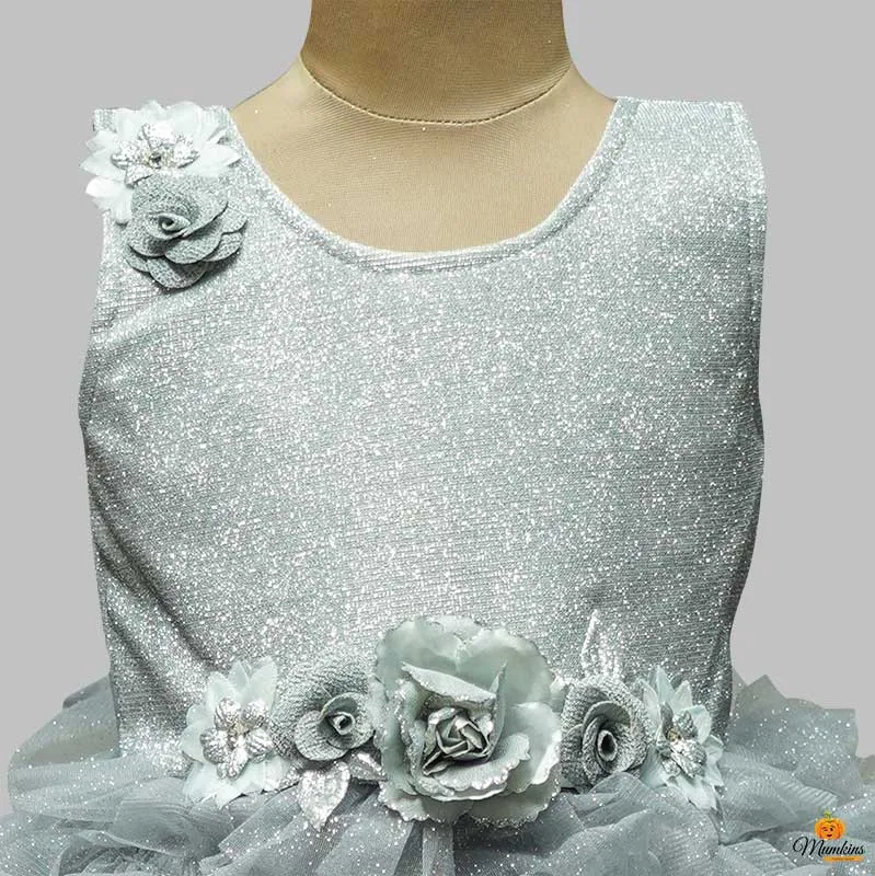 Grey Flared Net Girls Gown