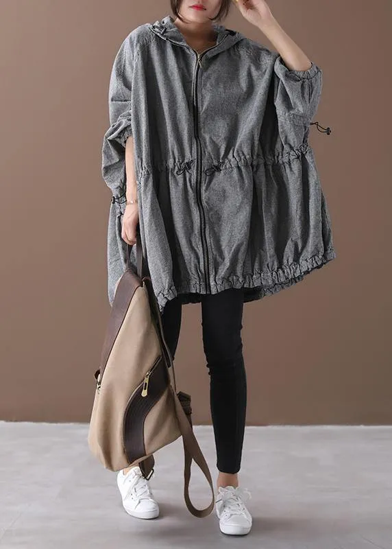 Handmade gray plaid Fashion coat Inspiration hooded drawstring coats