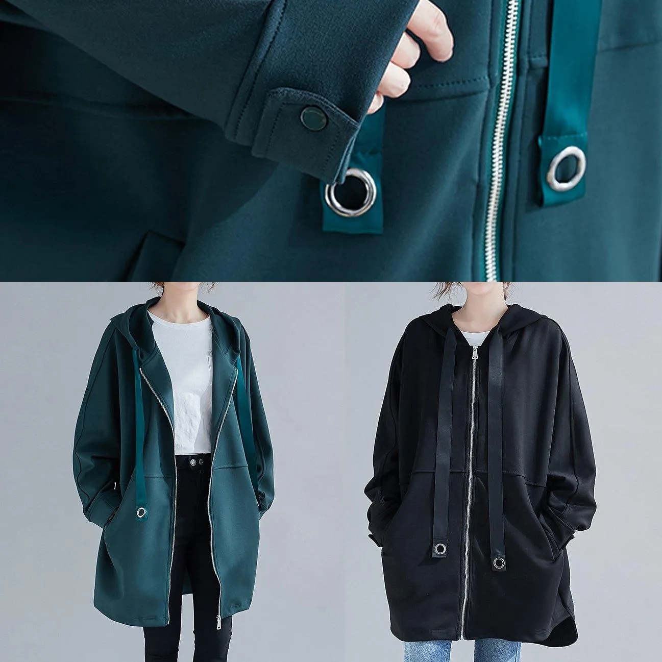 Italian blackish green Fashion Long coats Photography hooded zippered outwears