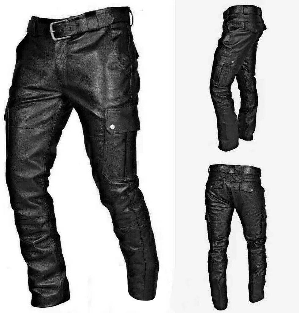 Leather Pants for Men Baggy Goth Sweatpants with Cargo Pockets Slim Skinny Faux Leather Pants Trousers