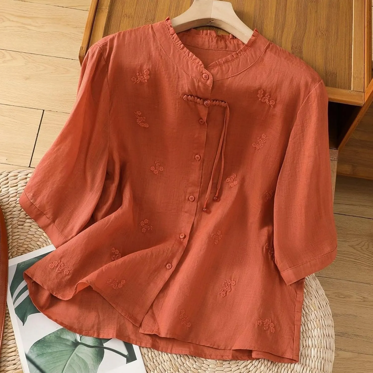 Linen Shirts for Women Crew Neck Embroidery Blouses Collar Dressy Tee Tops Short Sleeve Loose Tunic Tops