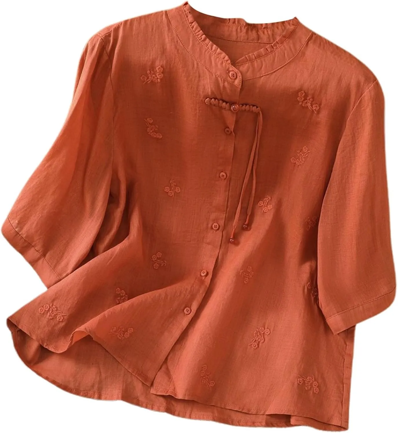 Linen Shirts for Women Crew Neck Embroidery Blouses Collar Dressy Tee Tops Short Sleeve Loose Tunic Tops