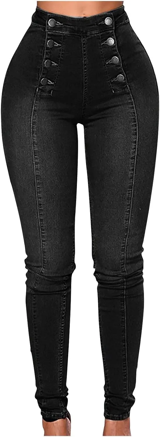 LIUguoo Women's High Waist Double Breasted Wide Waist Jeans Casual Bottons Pockets Jeans Skinny Denim Stretch Slim Pants