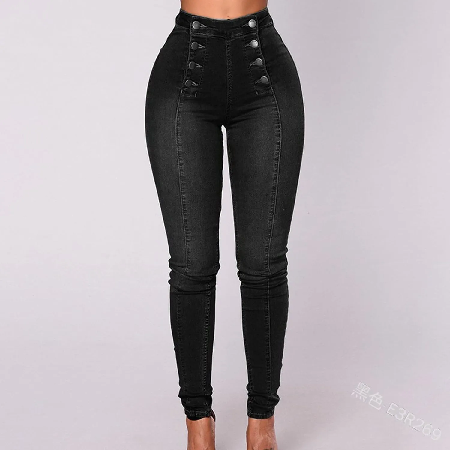 LIUguoo Women's High Waist Double Breasted Wide Waist Jeans Casual Bottons Pockets Jeans Skinny Denim Stretch Slim Pants