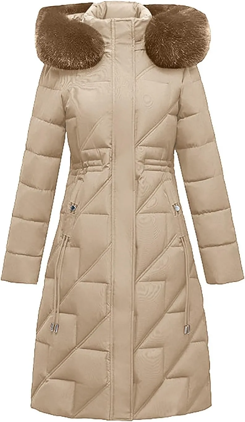 Long Winter Coats for Women Slim Fit Puffer Coat Parka Warm Maxi Down Jacket Faux Fur Collar Hooded Overcoat Thicken