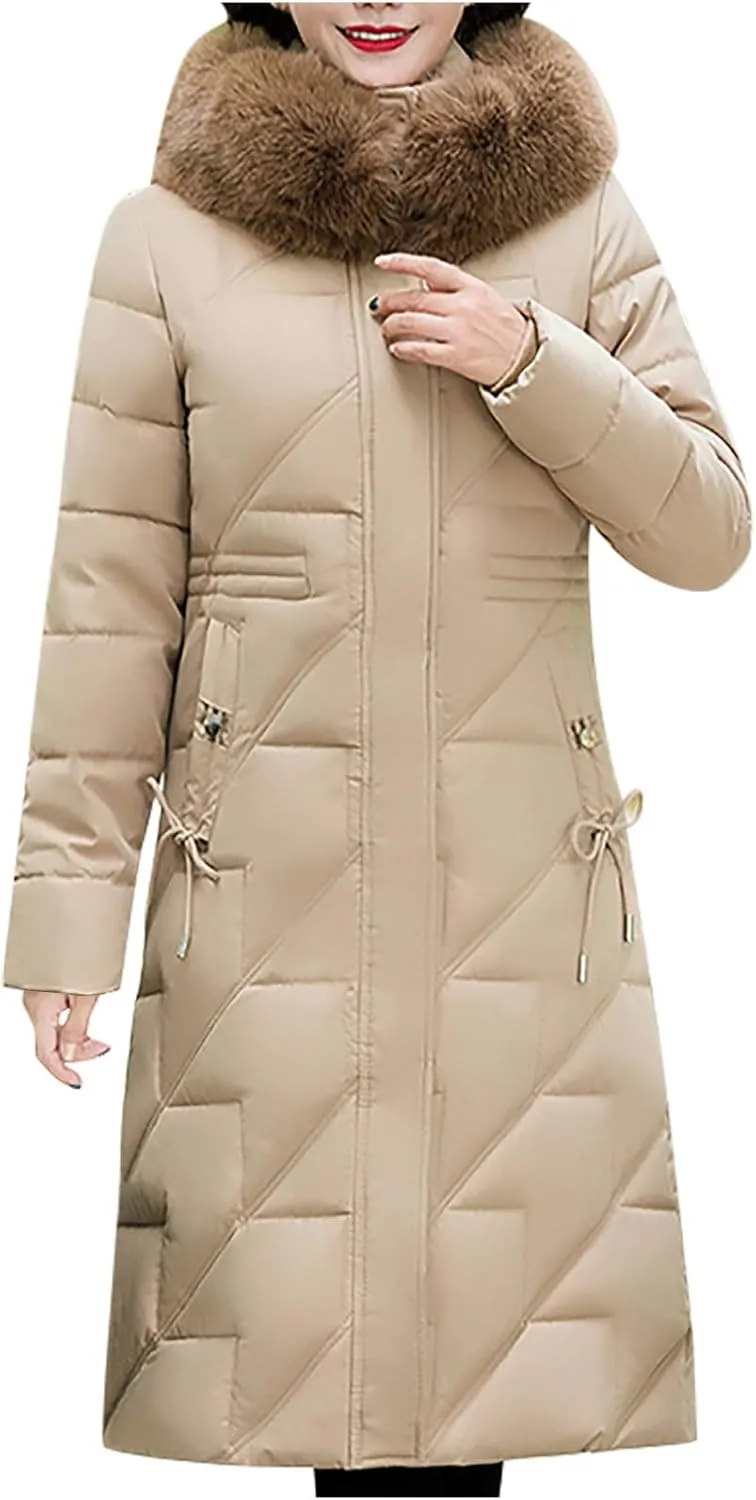 Long Winter Coats for Women Slim Fit Puffer Coat Parka Warm Maxi Down Jacket Faux Fur Collar Hooded Overcoat Thicken