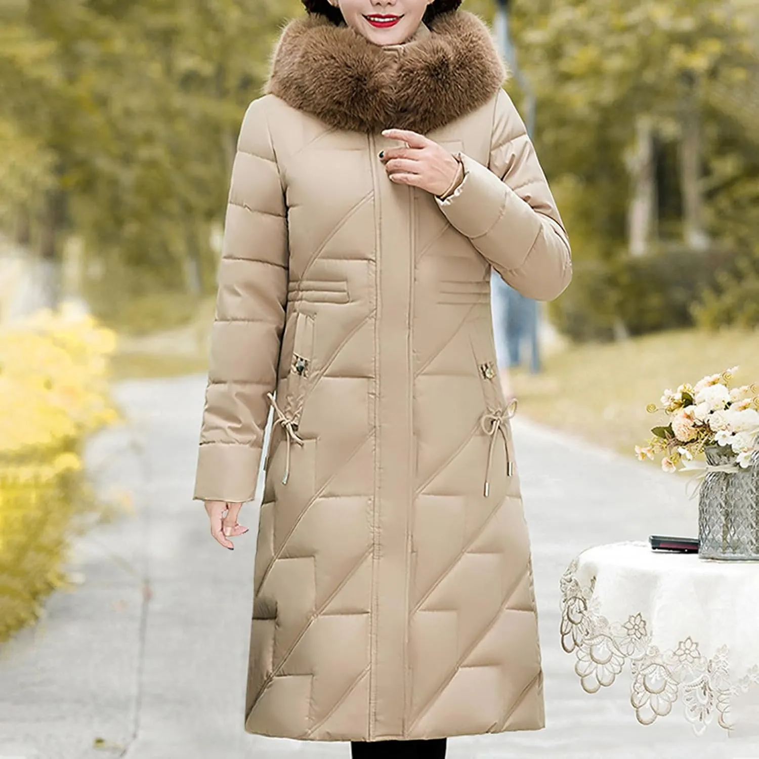 Long Winter Coats for Women Slim Fit Puffer Coat Parka Warm Maxi Down Jacket Faux Fur Collar Hooded Overcoat Thicken
