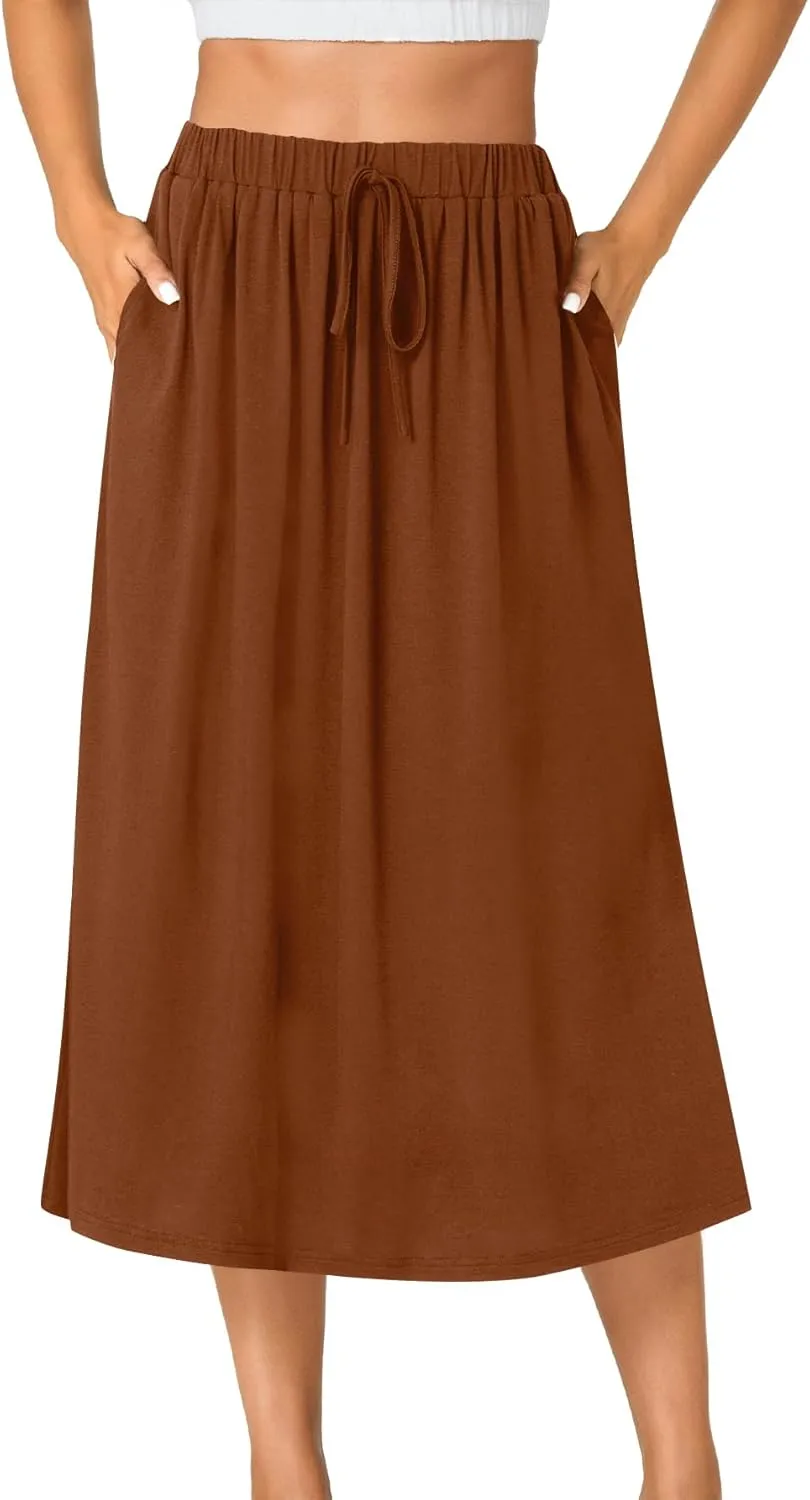 LYANER Women's Summer Elastic Waist A-Line Skirt Lightweight Beach Swing Flowy Flared Midi Skirts with Pockets