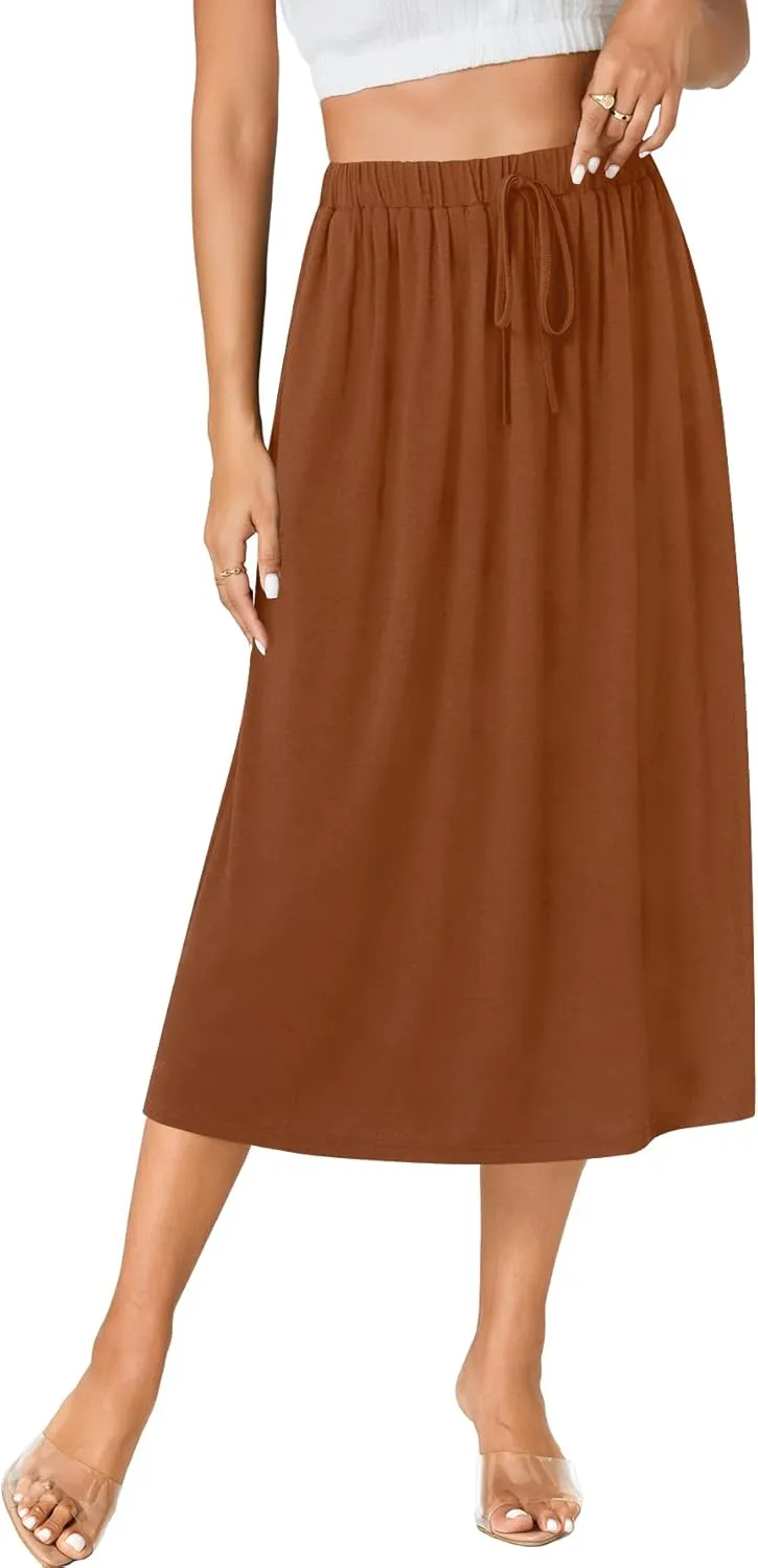 LYANER Women's Summer Elastic Waist A-Line Skirt Lightweight Beach Swing Flowy Flared Midi Skirts with Pockets